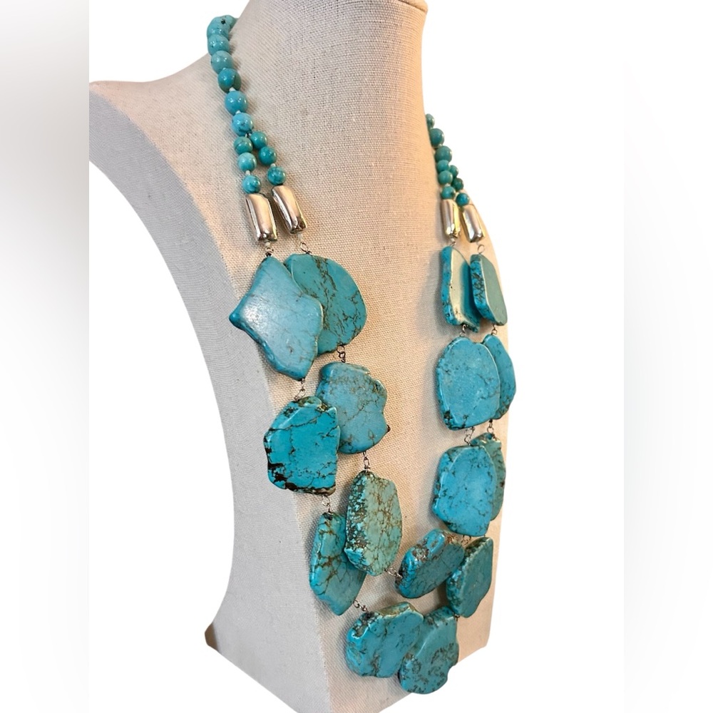 Chunky Turquoise Slab Artisan Statement Necklace Bohemian - Picture 10 of 11